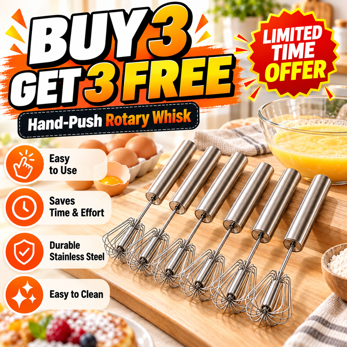 🥚 2-Pack Hand-Push Rotary Whisk – Press, Spin & Mix with Ease