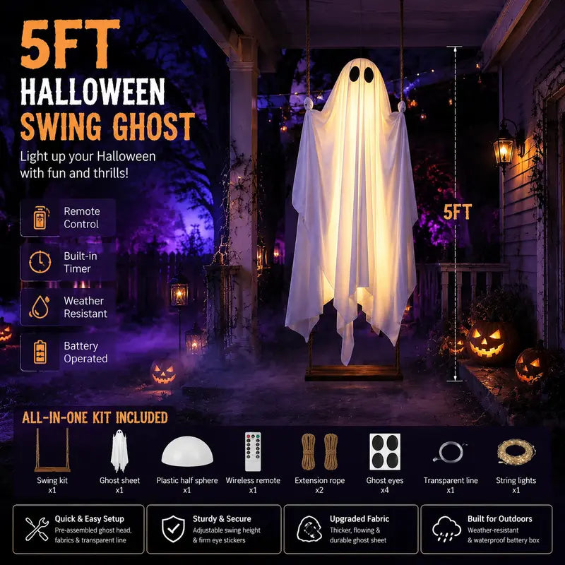 5FT Light-Up Swinging Ghost – Remote-Controlled Halloween Yard Decoration