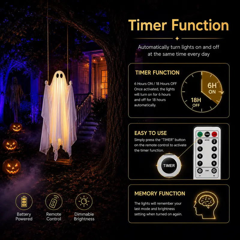 5FT Light-Up Swinging Ghost – Remote-Controlled Halloween Yard Decoration
