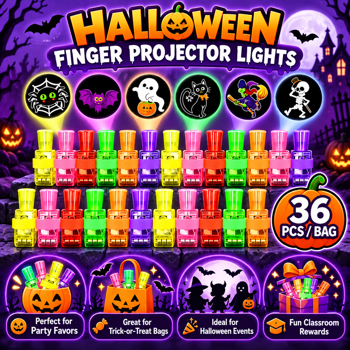 36PCS Halloween Finger Projector Lights – Trick-or-Treat Party Favors for Kids